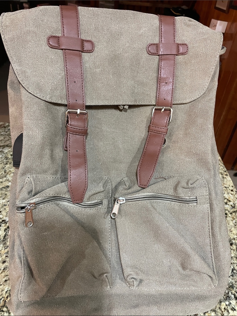 Unbranded Tan Canvas Backpack with Brown Faux-Leather Straps